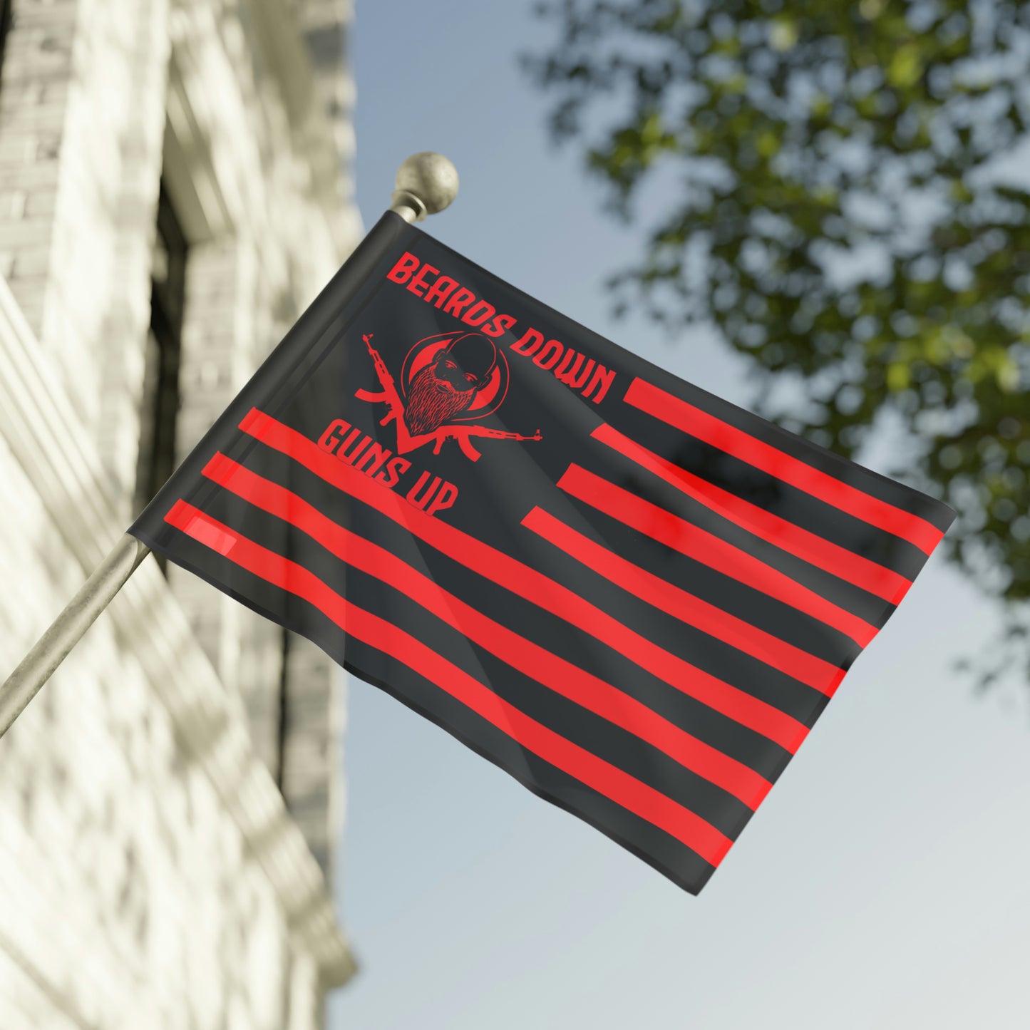 Beards down guns up flag